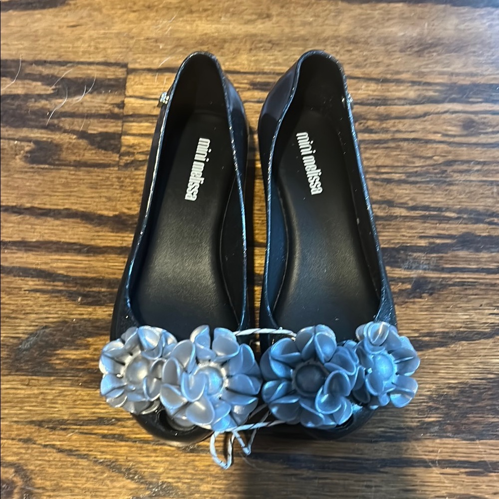 Mini Melissa Black and Gray Flats with Floral Accents